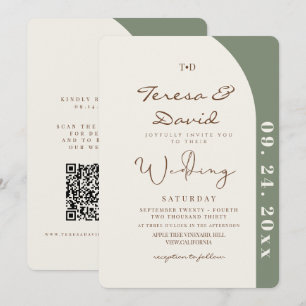 Convite Casamento Moderno Verde Sage e Creme Tudo em Um