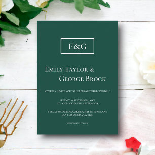 Convite Casamento Moderno Verde Simples Monograma Elegante