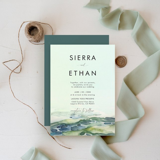Convite Casamento Moderno Verde Verde-Piscina Costeira Pra (coastal wedding invitation rocky beach tide pool sea sage green ecru elegant romantic bright)
