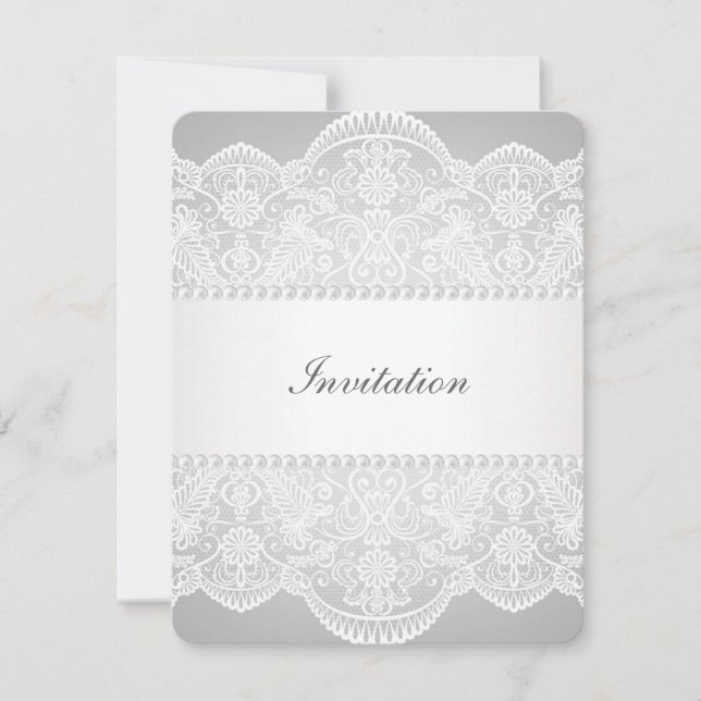 Convite casamento moderno vintage com renda branca pérola  (Frente)