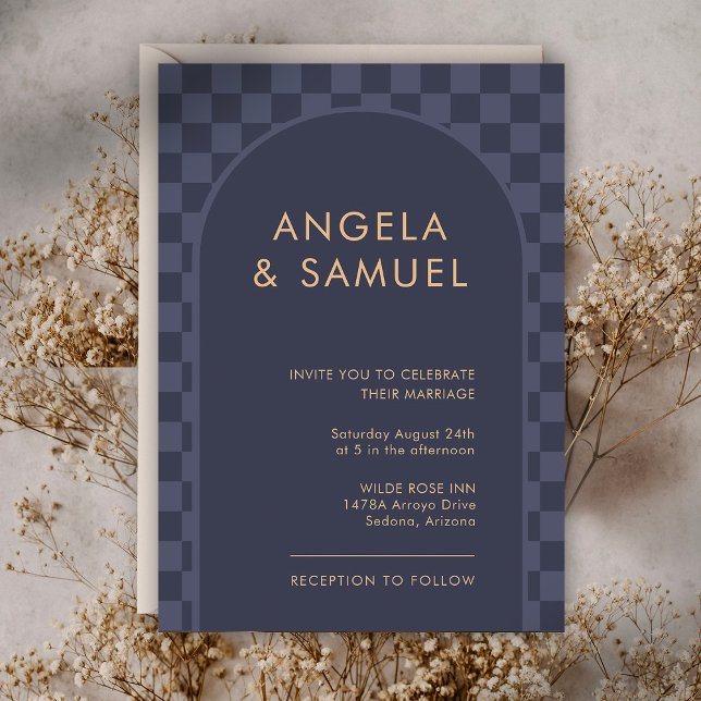 Convite Casamento Moderno Xadrez Azul Meia-Noite (Criador carregado)