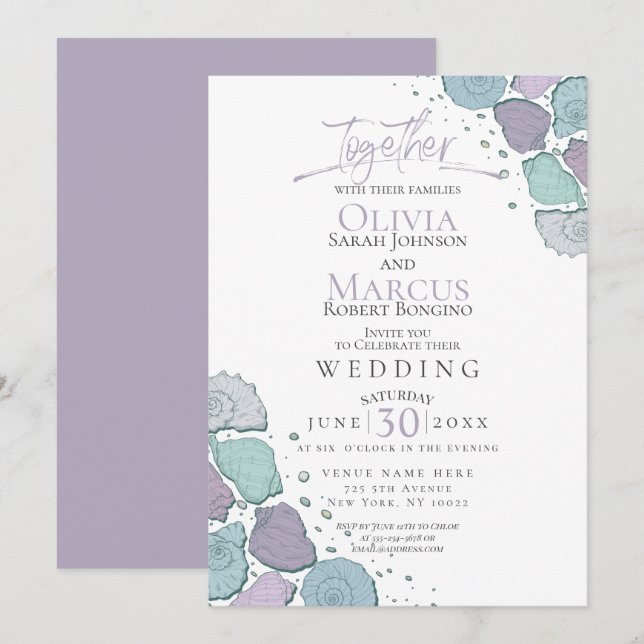 Convite Casamento | Molas-marinhos modernas Violet Dusty B (Frente/Verso)