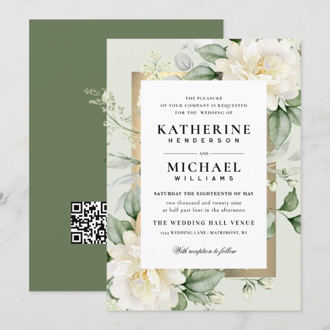 Convite Casamento Moldura de Sage Eucalyptus Rosa Marfim e (Frente/Verso)