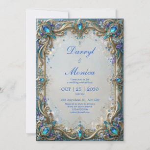 Convite Casamento Moldura Dourada com Joia Azul