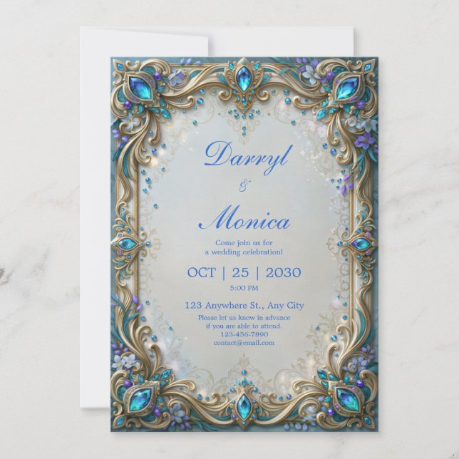 Convite Casamento Moldura Dourada com Joia Azul (Frente)