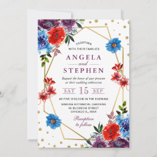 Convite Casamento Moldura Dourada Flores de Verão Aquarela