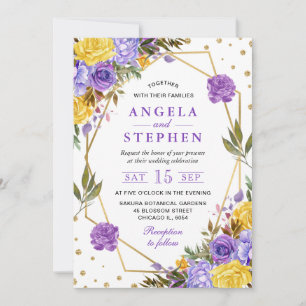 Convite Casamento Moldura Dourada Flores Primavera Aquarel