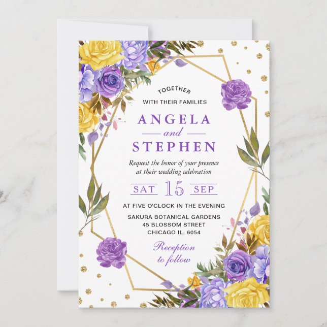 Convite Casamento Moldura Dourada Flores Primavera Aquarel (Frente)