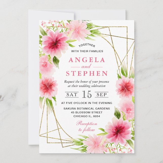 Convite Casamento Moldura Dourada Flores Rosa Aquarela (Frente)