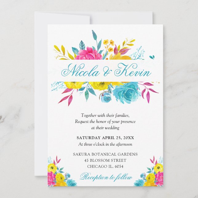 Convite Casamento Moldura Dourada Flores Verão Aquarela Bo (Frente)