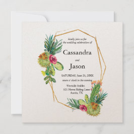 Convite Casamento Moldura Dourada Geométrica Cacto