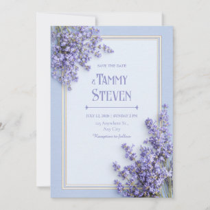 Convite Casamento Moldura Dourada Lavanda Francesa Azul Cé
