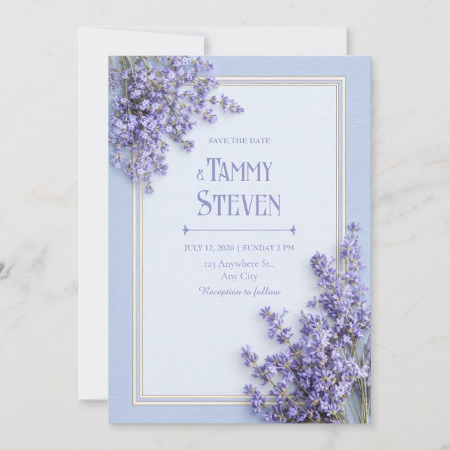 Convite Casamento Moldura Dourada Lavanda Francesa Azul Cé (Frente)