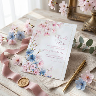 Convite Casamento Moldura Dourada Sakura Romântico Rosa Az