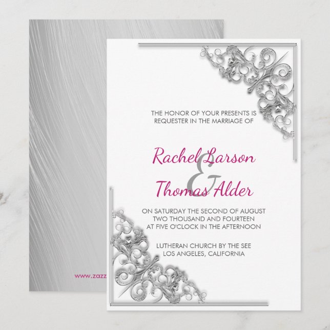 Convite Casamento Moldura Floral Prata (Frente/Verso)