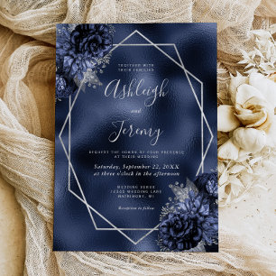 Convite Casamento Moldura Prata Floral Falso Folheado Azul