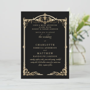 Convite Casamento Moldura Preto Pais Ambos Vintage