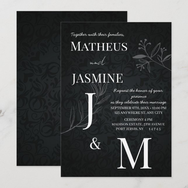 Convite Casamento Monocromático Alemão e Script (Frente/Verso)