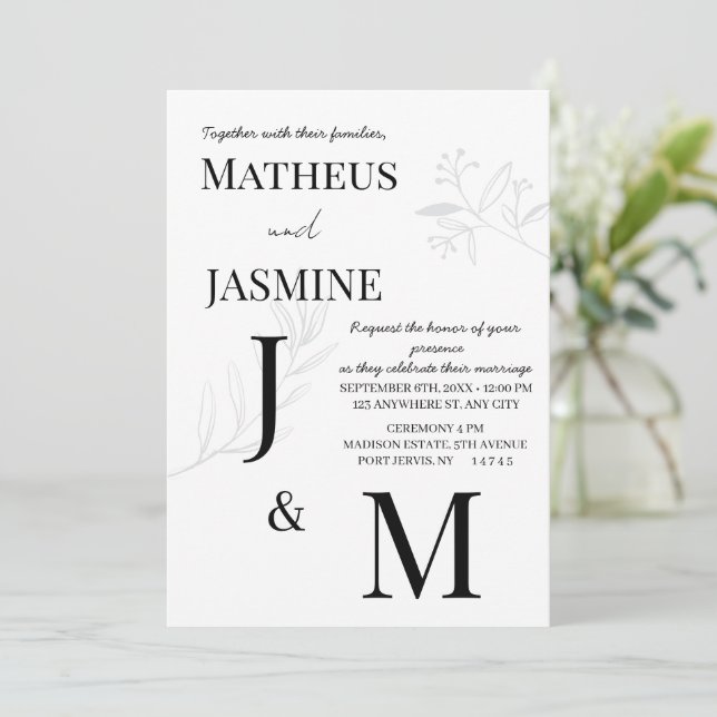 Convite Casamento Monocromático Alemão e Script  (Em pé/Frente)