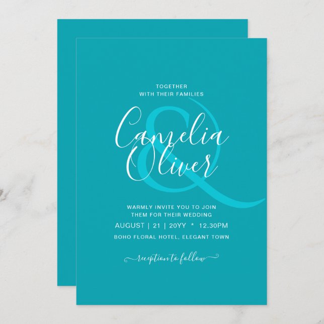 Convite Casamento Monocromático de Teal Azul Pavão do ORÇA (Frente/Verso)