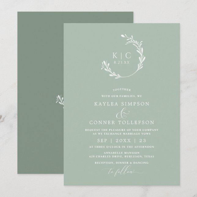 Convite Casamento Monocromático em Verde Sage Claro e Eleg (Frente/Verso)
