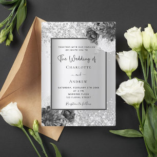 Convite Casamento monocromático floral prateado