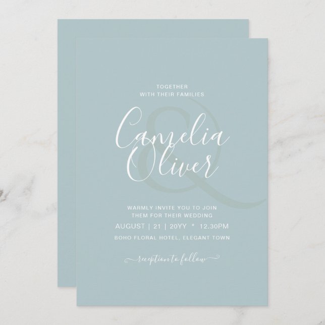 Convite Casamento Monocromático Verde de Vidro do Mar ORÇA (Frente/Verso)