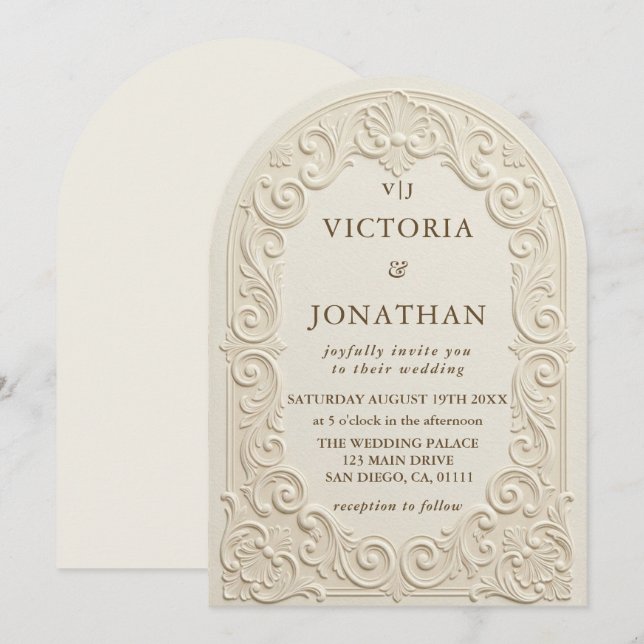 Convite Casamento Monograma Arte Nova Marfim Antigo (Frente/Verso)