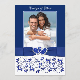 Convite Casamento Monograma Azul, branco Floral FOTO