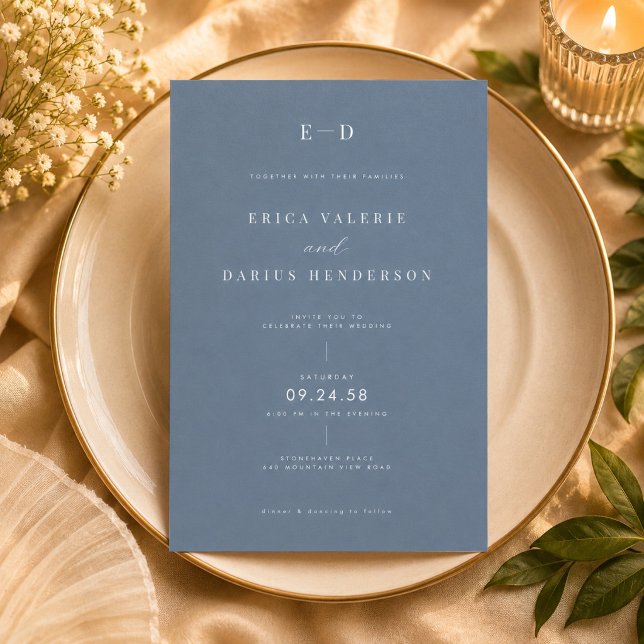 Convite Casamento Monograma Azul Empoeirado (Criador carregado)