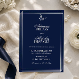 Convite Casamento Monograma Azul Marinho Luxo