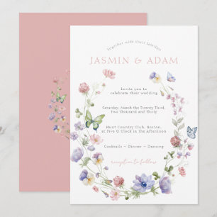 Convite Casamento Monograma Borboleta Flor Silvestre Rosa