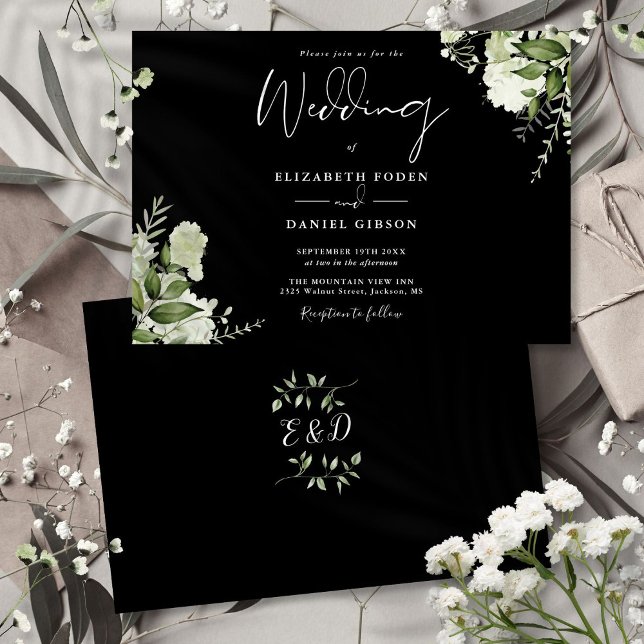 Convite Casamento Monograma Botânico Preto e Branco em Ver (Black White Botanical Greenery Monogram Wedding Invitation)