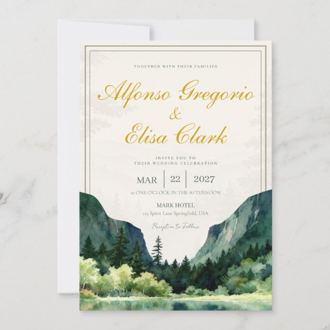 Convite Casamento Monograma Clássico Água-forte Verde Rúst (Frente)