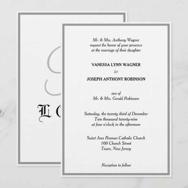 Convite Casamento Monograma Clássico Branco Preto Prata (Frente/Verso)