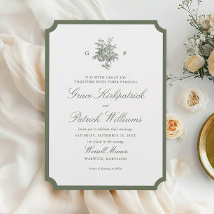 Convite Casamento Monograma Clássico com Bordura em Verde
