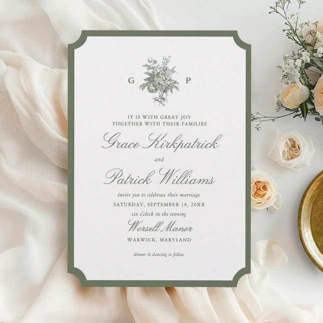 Convite Casamento Monograma Clássico com Bordura em Verde  (Criador carregado)
