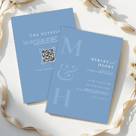 Convite Casamento Monograma Código QR Azul Empoeirado Tudo