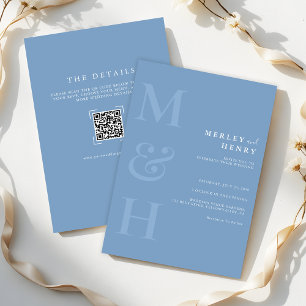 Convite Casamento Monograma Código QR Azul Empoeirado Tudo