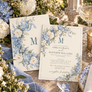 Convite Casamento Monograma com Arco de Hortênsia Azul Pó
