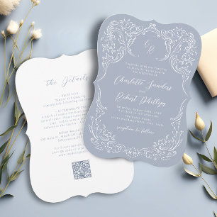 Convite Casamento Monograma com Florescer Azul Empoeirado 