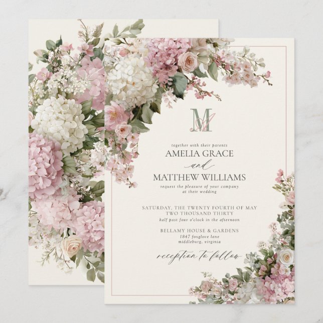 Convite Casamento Monograma com Hortênsia Rosa Desbotada V (Frente/Verso)