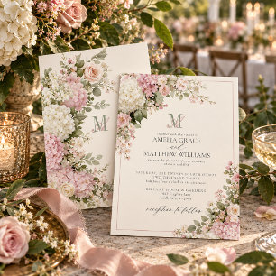 Convite Casamento Monograma com Hortênsia Rosa Desbotada V