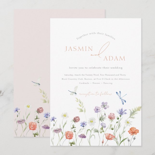 Convite Casamento Monograma com Libélula e Flor Silvestre  (Frente/Verso)