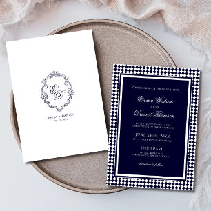 Convite Casamento Monograma Crista de Borda Harlequim Azul