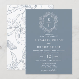 Convite Casamento Monograma Crista Floral Azul Empoeirado