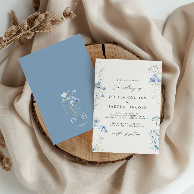 Convite Casamento Monograma de Flores Silvestres Azul Empo (Criador carregado)