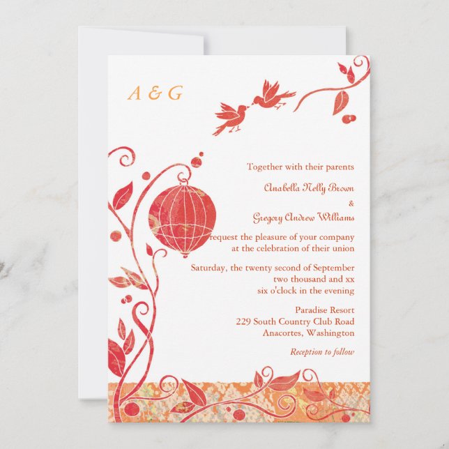 Convite Casamento Monograma de Pássaros do Amor (Frente)