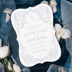 Convite Casamento Monograma Desbotado em Azul com Floreio 
