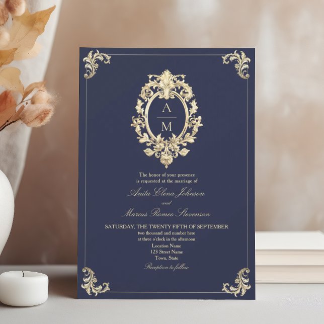 Convite Casamento Monograma Dourado Azul Barroco Marinho (Criador carregado)